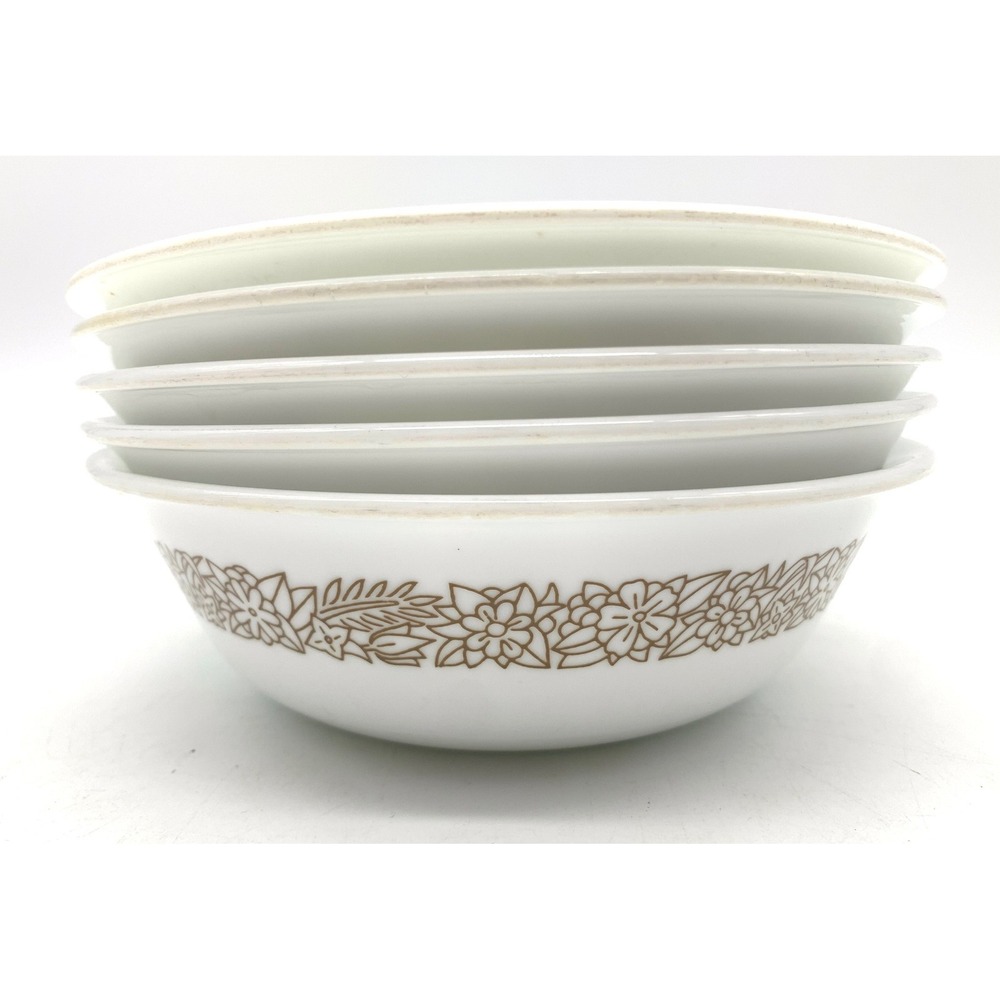 Corelle Cereal Bowls Set of 5 White Brown Woodland Brown Floral Vitrelle Glass